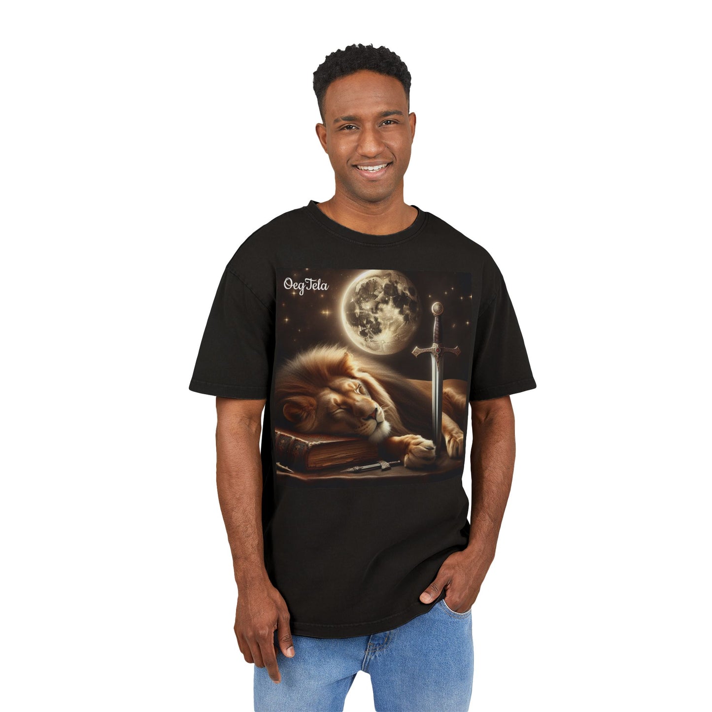 Oversize Tee - OegTela Protector Moonlit Lion Acid Washed Graphic T-Shirt