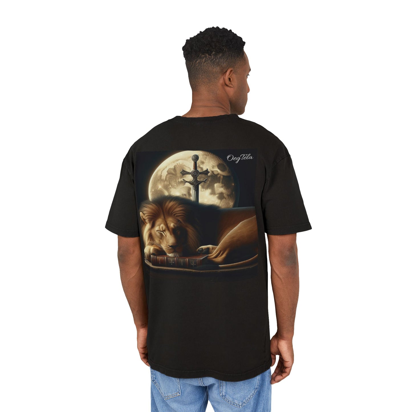 Oversize Tee - OegTela Protector Moonlit Lion Acid Washed Graphic T-Shirt