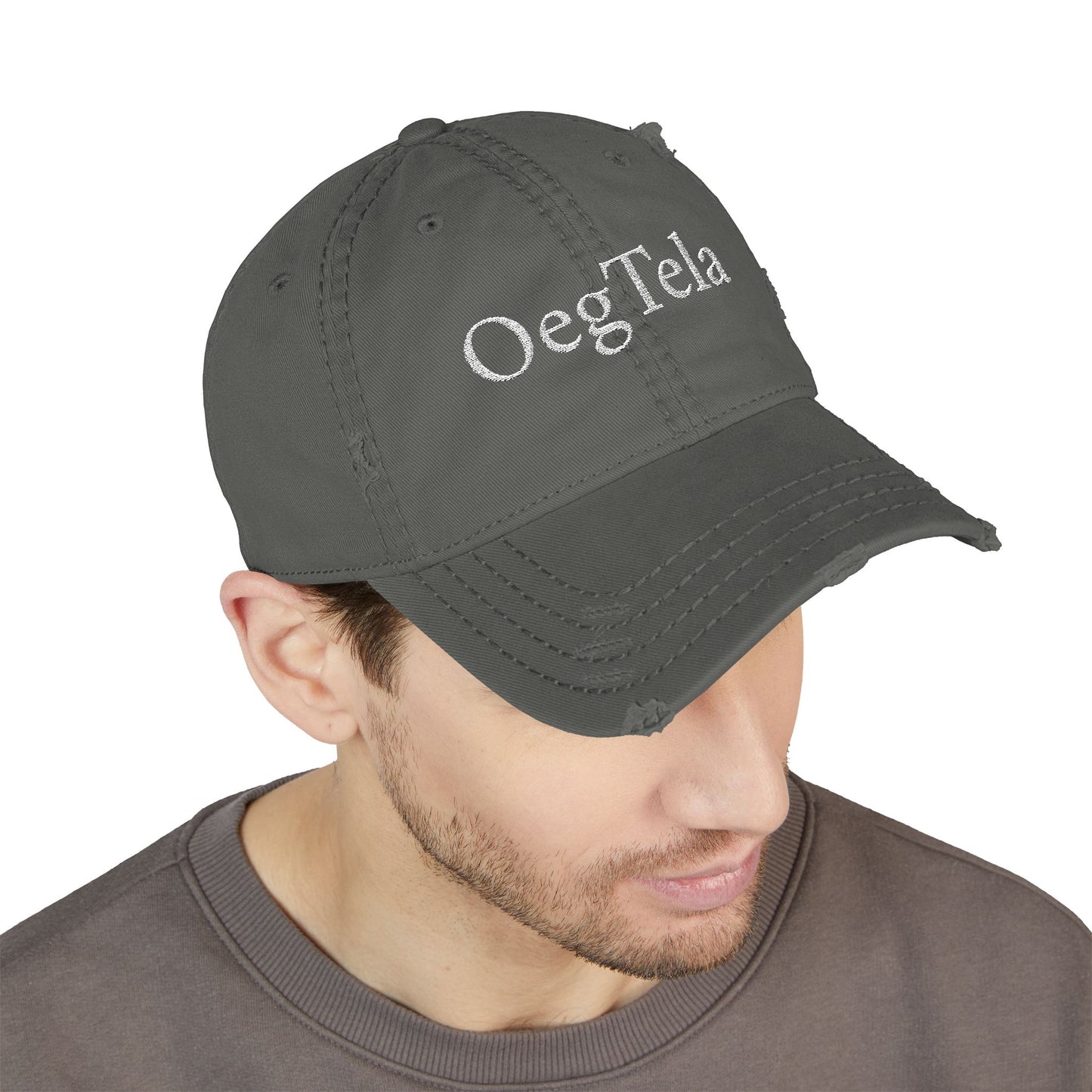 Distressed Embroidered Dad Hat — 'OegTela' Front & 'Rey de Luna' Back
