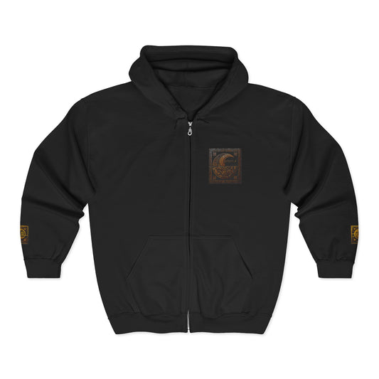 Full-Zip Hoodie with Gold 'Oegtela' Crest — Gothic Dragon Emblem Zip-Up