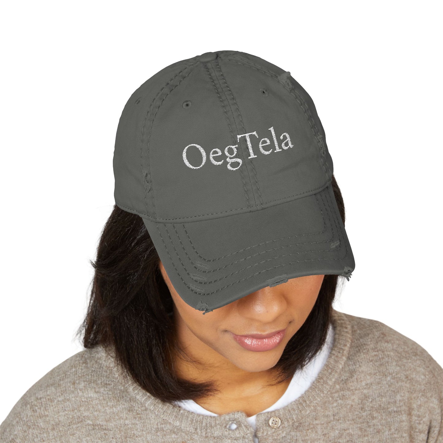 Distressed Embroidered Dad Hat — 'OegTela' Front & 'Rey de Luna' Back