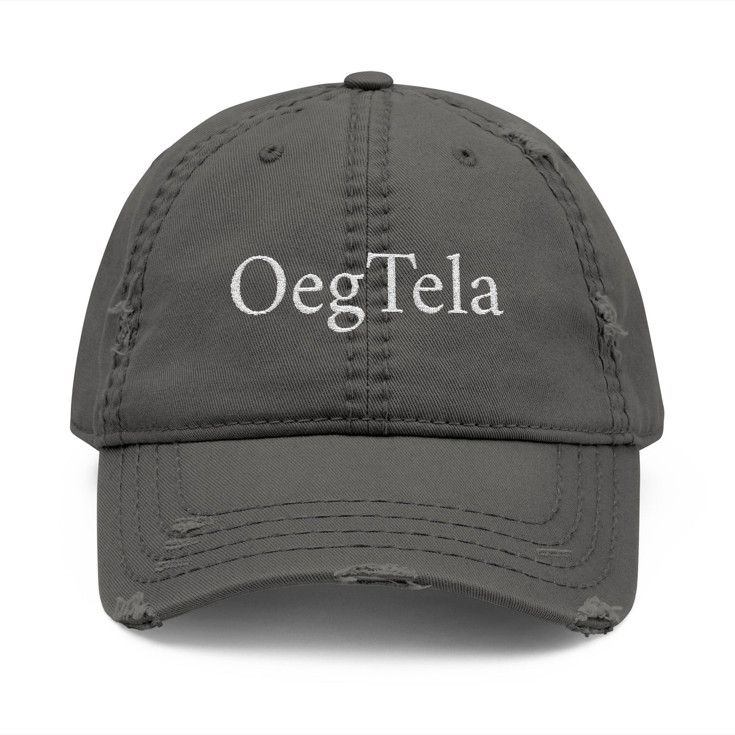 Distressed Embroidered Dad Hat — 'OegTela' Front & 'Rey de Luna' Back