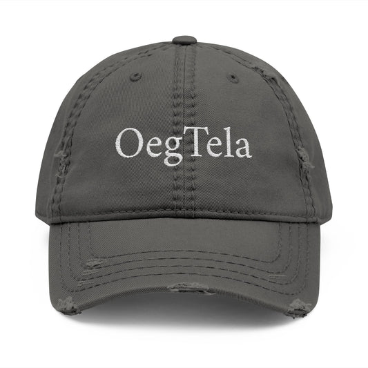 Distressed Embroidered Dad Hat — 'OegTela' Front & 'Rey de Luna' Back